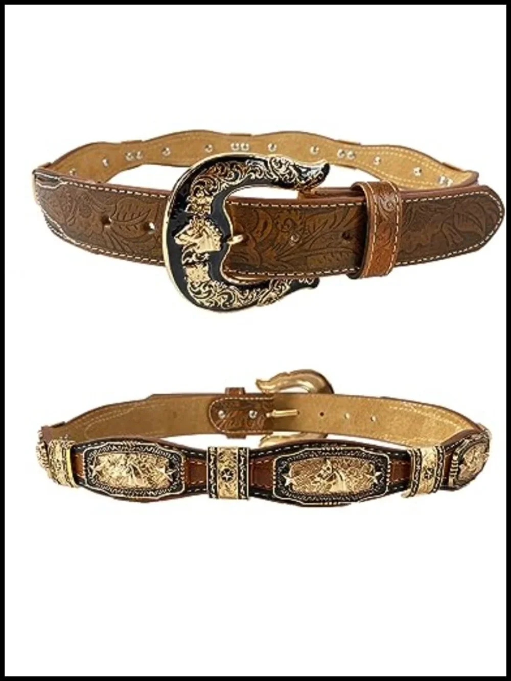 Western Cowboy Leather Belt with Horse Head Buckle and Concho